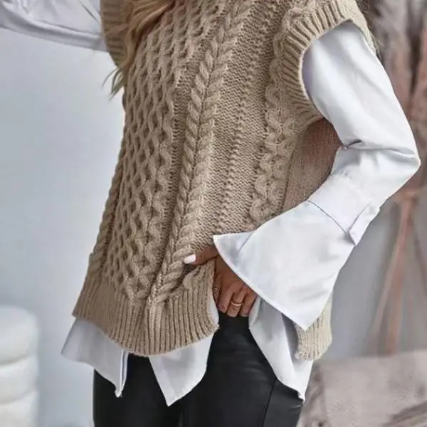 

Women's Knitted Svel round Ne Vest Pure Color Hem Split Twisted Spiral Mid-Length Commute Sle Polyester Fiber