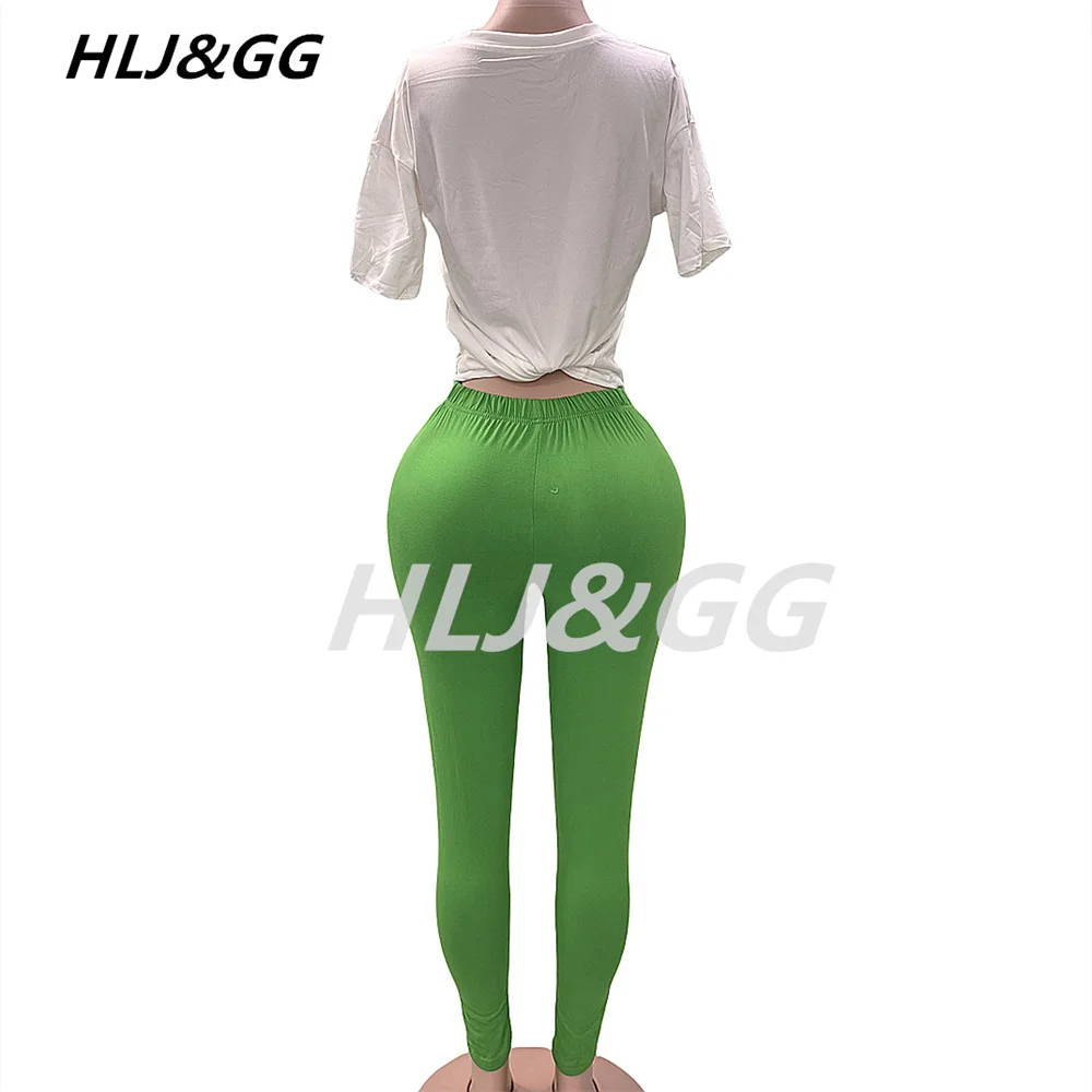 HLJ&GG Spring New Patter Letter Print Two Piece Sets Women O Neck Short Sleeve Tshirt And Skinny Pants Tracksuits Female Outfits