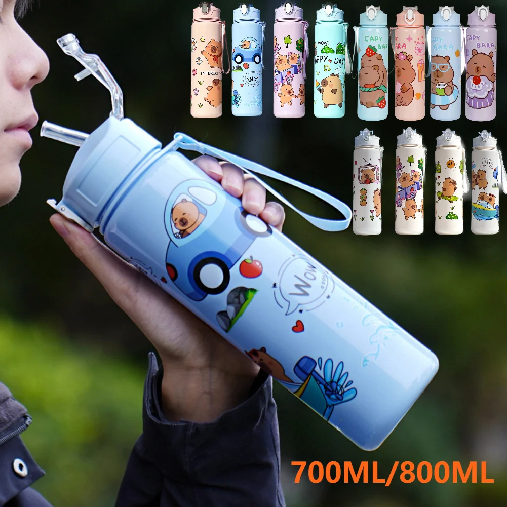 800/700 ml auslaufsichere Wasserflasche, süßer Capybara-Wasserbecher mit Tragegurt, tragbar für Sport, Fitness, BPA-frei, perfekte Geschenke