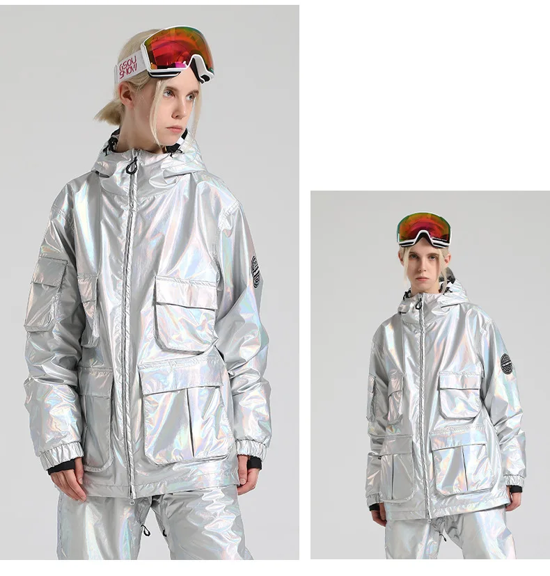 Chaqueta de esquí brillante para mujer, traje de nieve para hombre, chaquetas de snowboard doradas, trajes al aire libre, pantalones de esquí de