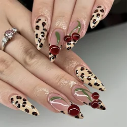24pcs French Fake Nails Set with 3D Cherry Design False Nails Press on Long Almond Wearable Leopard Print Full Cover Nail Tips