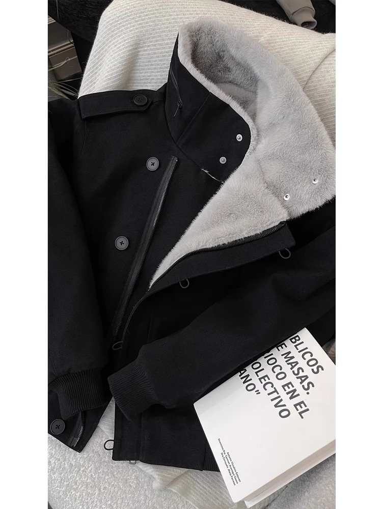 

Men's Thiened Fce Lined Jaet Coat with Fur Collar American Retro Sle Winter Workwear Cotton Padded Youth Faion