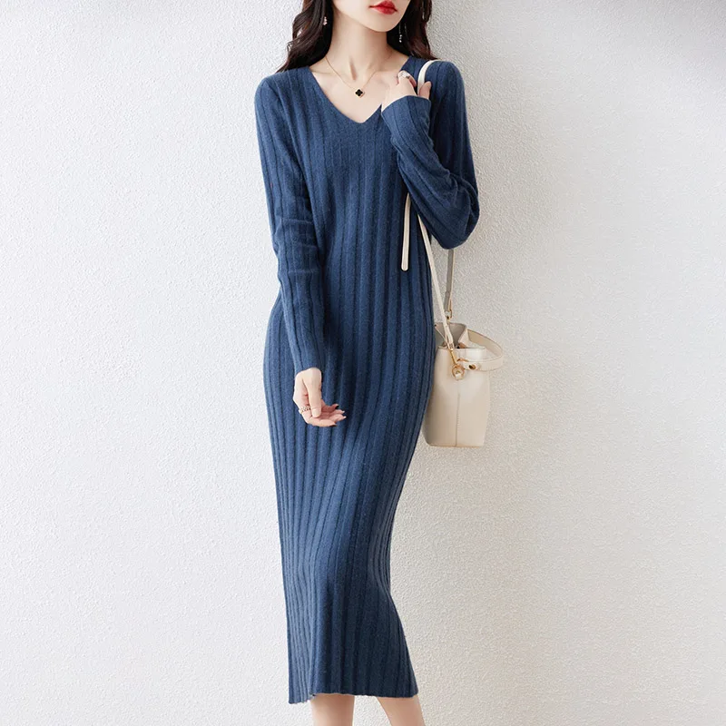 Hot Sale Women 100% Merino Wool Sweater Dress 2023 Autumn/Winter New Female Solid Warm Dresses Casual Basic Knitted Pullover