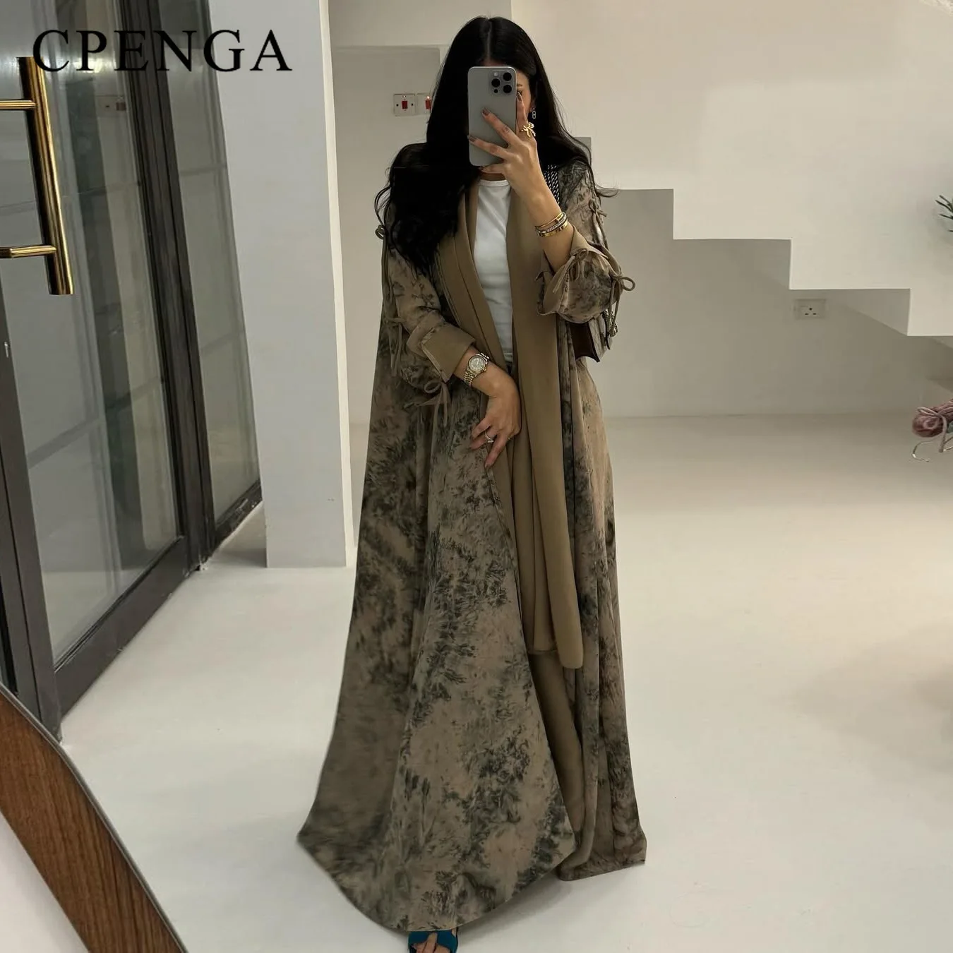 

2025 Summer Arabic Women Muslim Clothes Ramadan Dubai Open Abaya Dress with Hijab Islam Printed Chiffon 2-Piece Outfit