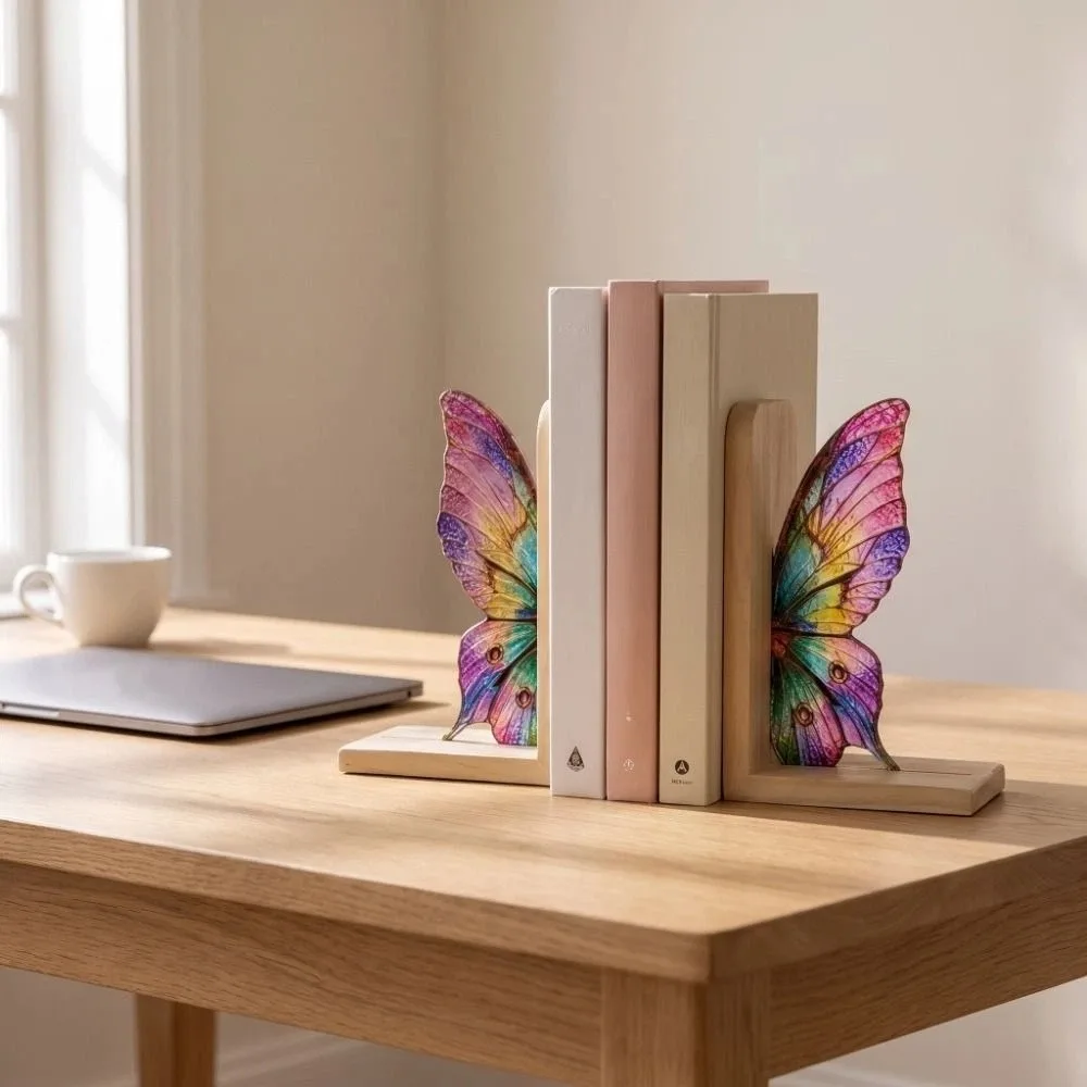 Colorful Butterfly Wings Bookend Set Decorative Acrylic Book Support with Bases Desktop Organizer Book Stand Reader Gifts