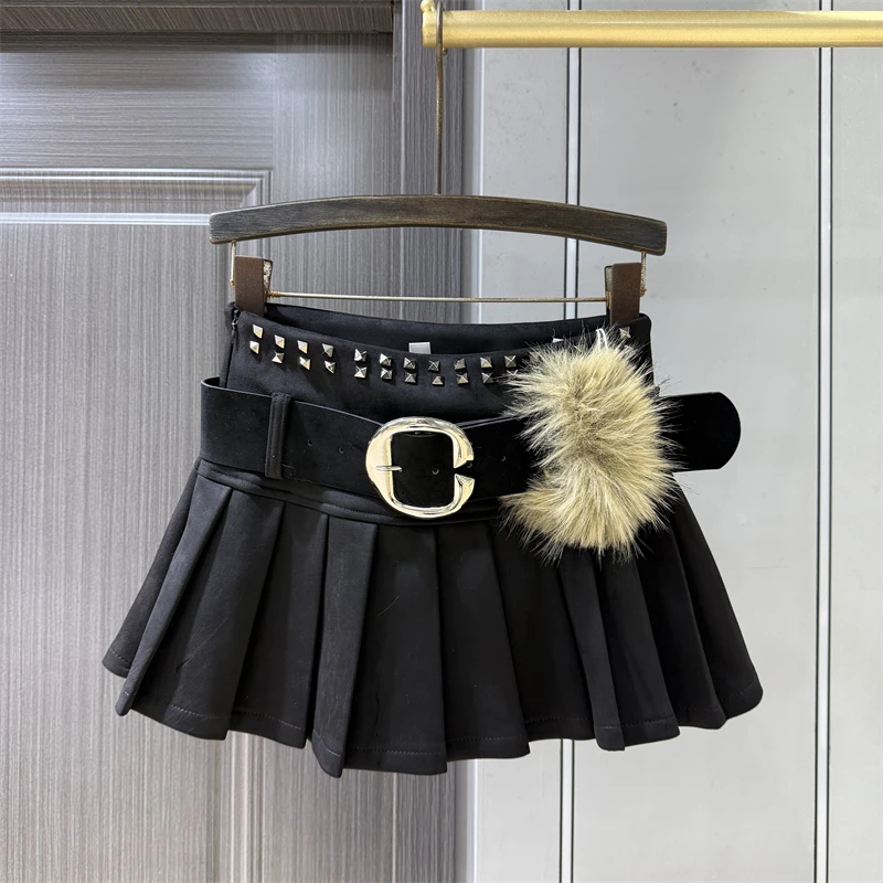 

Женская уличная однотонная короткая юбка с поясом, осень-зима, новая плиссированная замшевая мини-юбка трапециевидной формы с заклепками и высокой талией