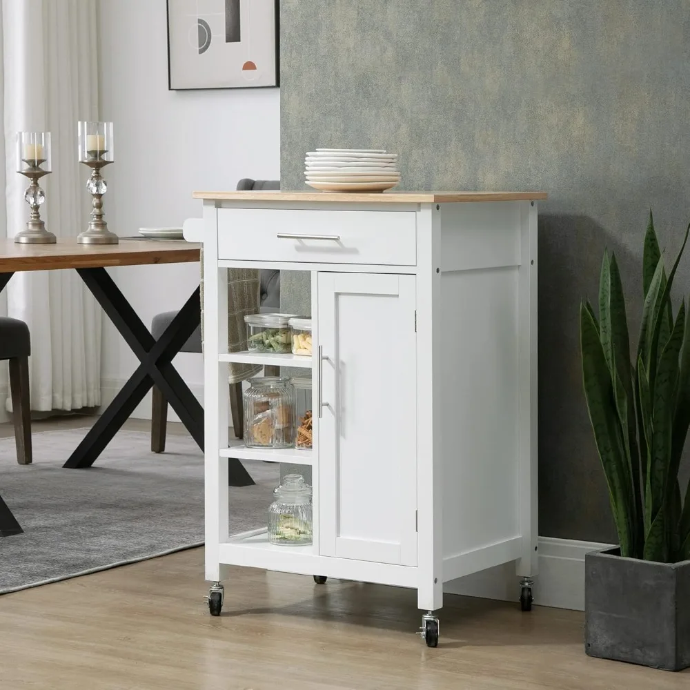 Kitchen Island Cart, Rolling Kitchen Island with Storage Shelf, Solid Wood Top, Drawer, for Dining Room, White