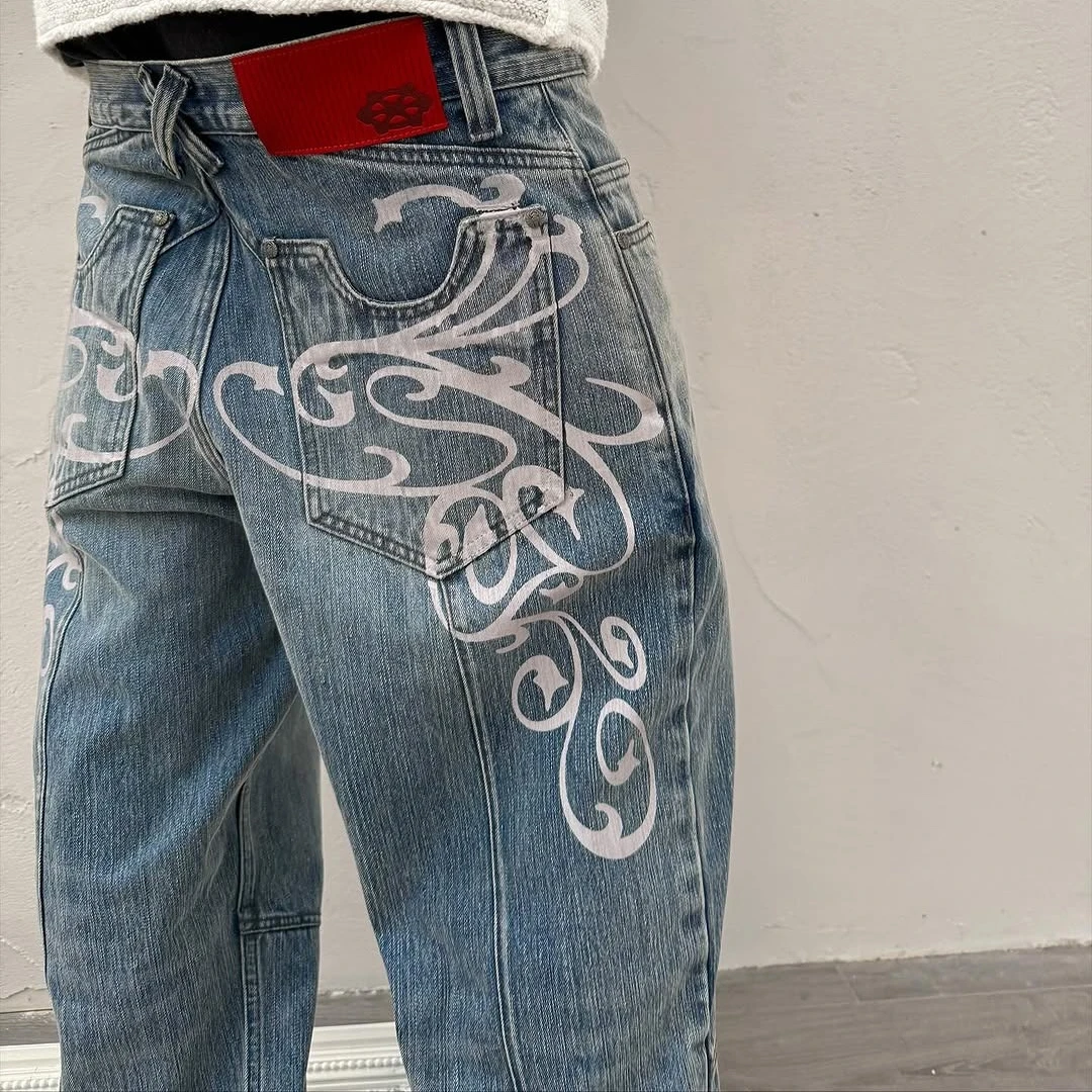 Y2k fragmento coleção jeans baggy vintage couro bordado gráfico impresso calças de perna larga azul lavado hip hop rua jeans