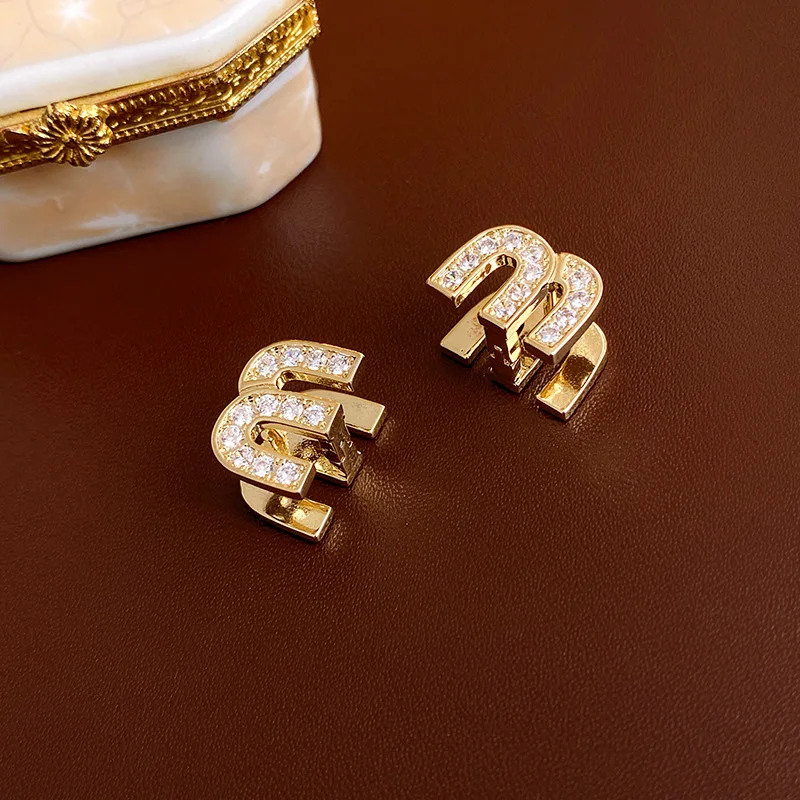 Letter M-shape Double-sided Zircon Hoop Earrings for Women Oil Dripping Ear Buckles French Design High-end  Luxury Jewelry M