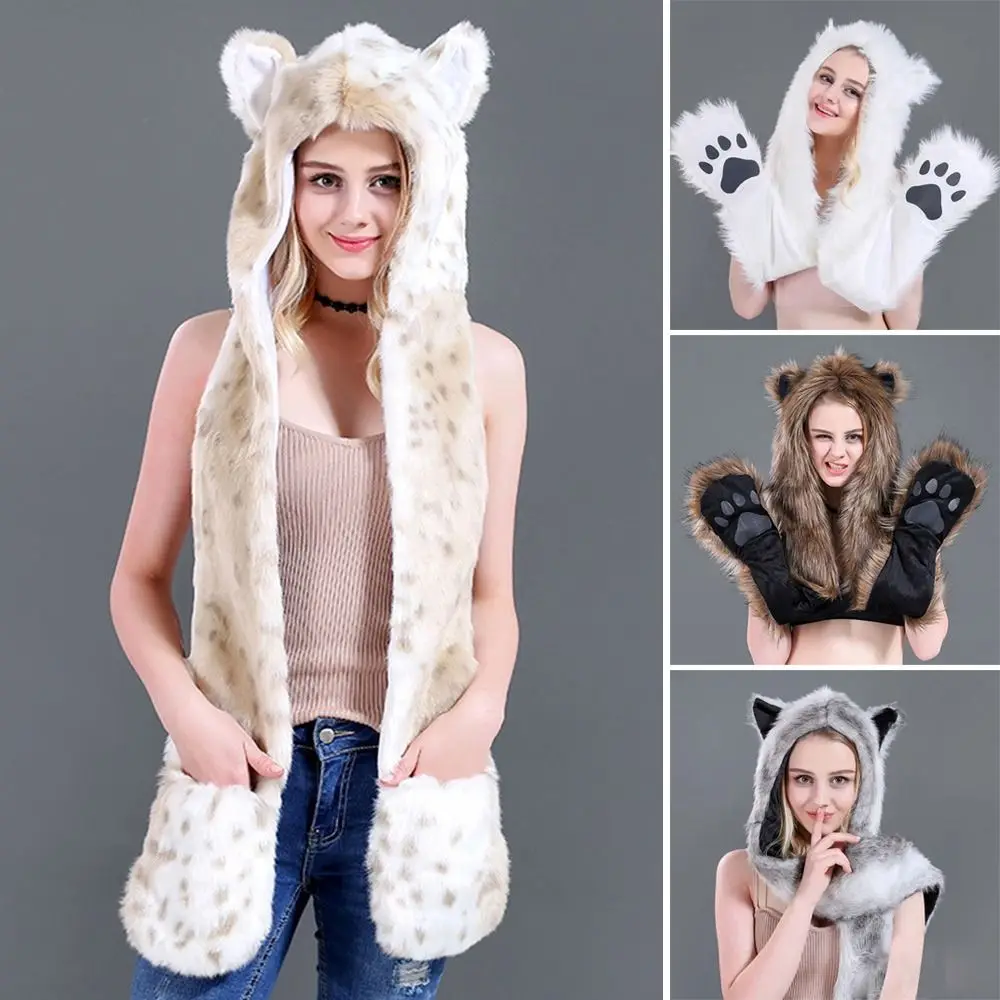 冬用暖かい耳当て付き帽子、アニマル柄3in1キャップ、スカーフと手袋付き、耳当て付きソフトプラッシュビーニー帽、男女兼用