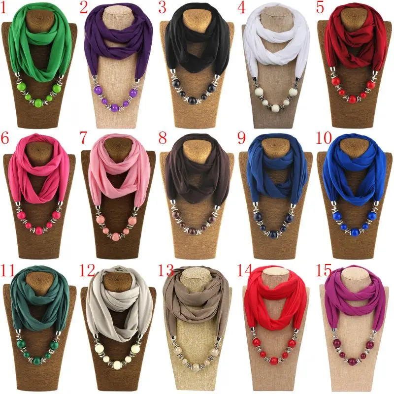 Women Solid Color Ring Scarf Hijabs for Infinity Wrap Multistyle Jewelry Necklace Beads Pendant Scarf Lady Apparel Acces