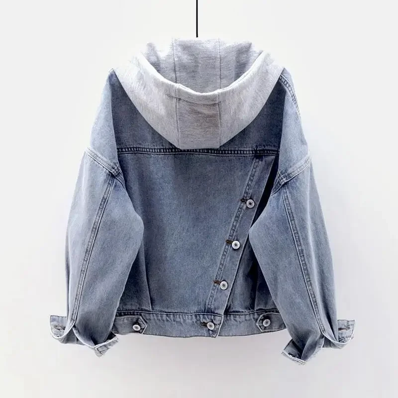 Denim Jacket Woman Student Korean Style Loose Short Coat Female Longsleeve Hooded Jacket Multi-Pocket Button Top Solid Color