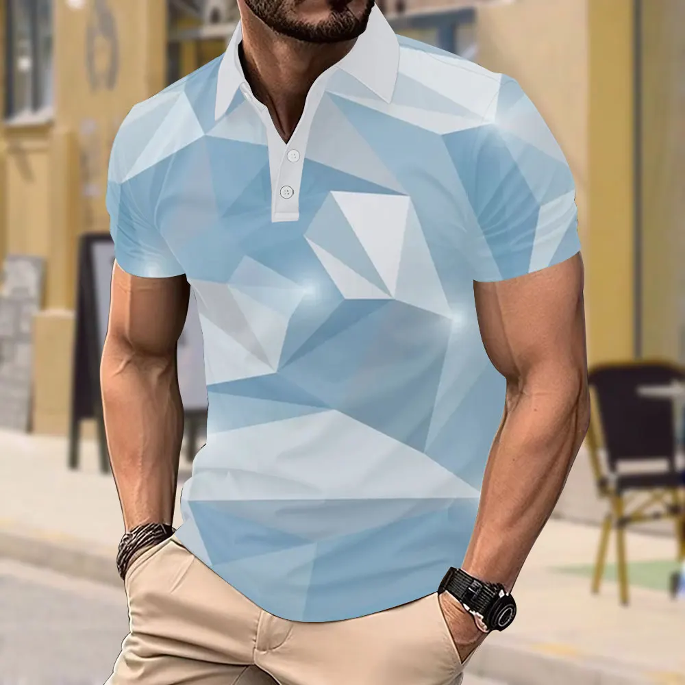 Mens Fashion Plus Size POLO Shirt Geometric 3DPrinted Tees Business Casual Button Short Sleeve Top Loose Plus Size Mens Clothing