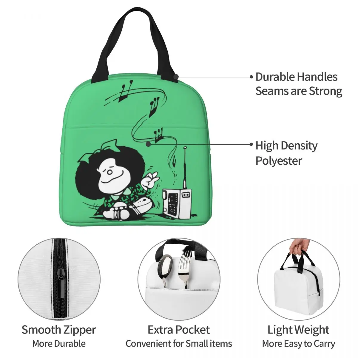 Mafalda Music Insulated Lunch Bag Thermal Bag Lunch Container Quino Argentina Cartoon Portable Tote Lunch Box Picnic