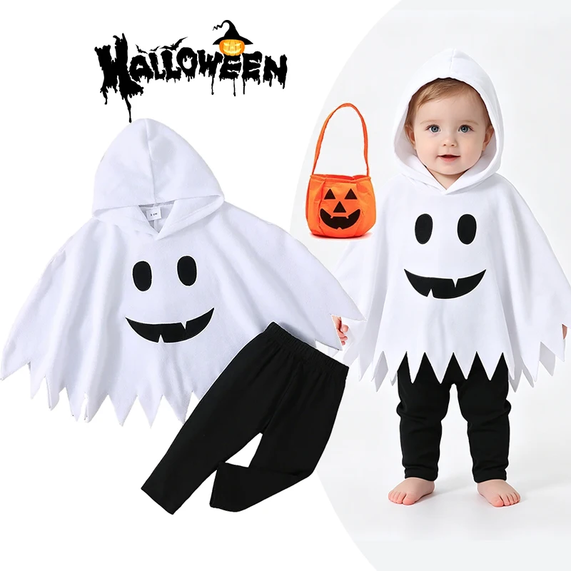 Kids Ghost Costume White Hooded Jagged Edge Poncho Halloween Trick Or Treat Birthday Party Cosplay Outfit