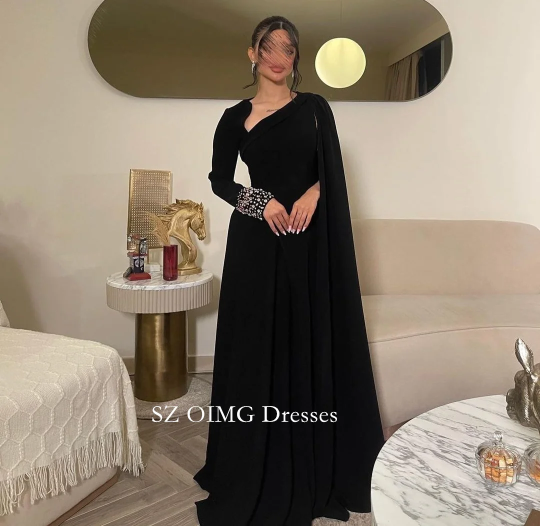 OIMG Irregular Neck Women Ruched Crystals Prom Dresses Black Customized with Cape Sleeves Evening Gowns 2023 Formal Party Dress