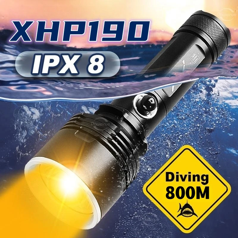 NEW XHP190 SuperBright Scuba Diving Flashlight 800m Yellow Light Professional Diving Torch Underwater Lamp IPX8 Waterproof Light