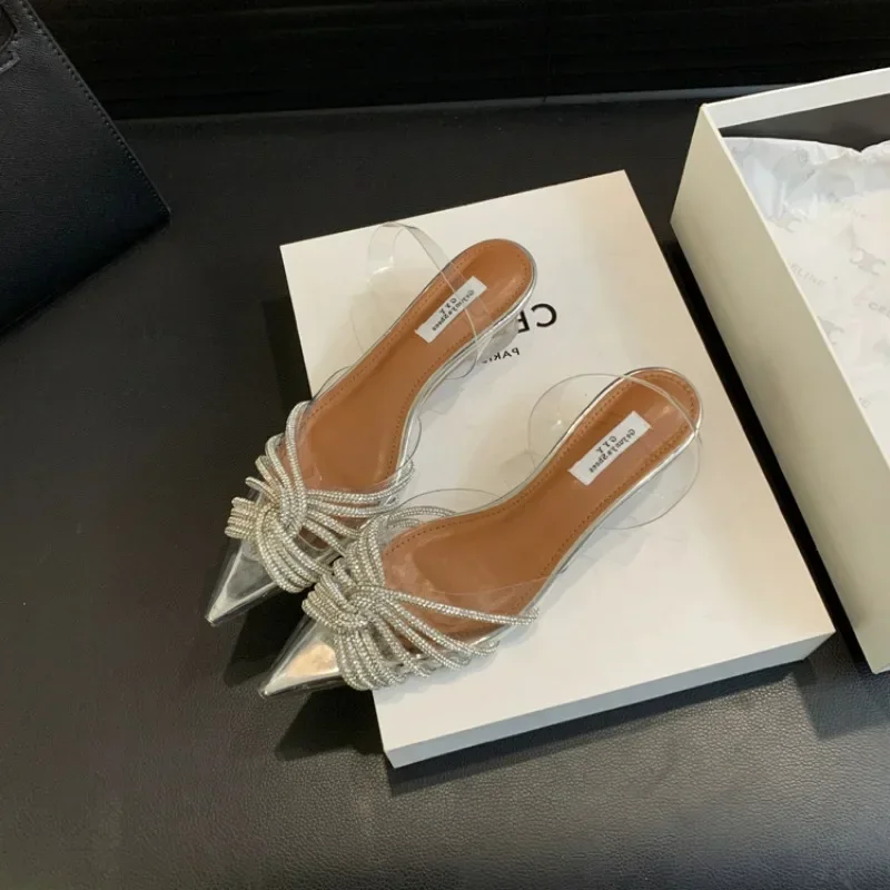 Comemore-Sandalias de tacón bajo con punta estrecha para mujer, zapatos de vestir plateados, transparentes, elegantes y sencillos, 2024