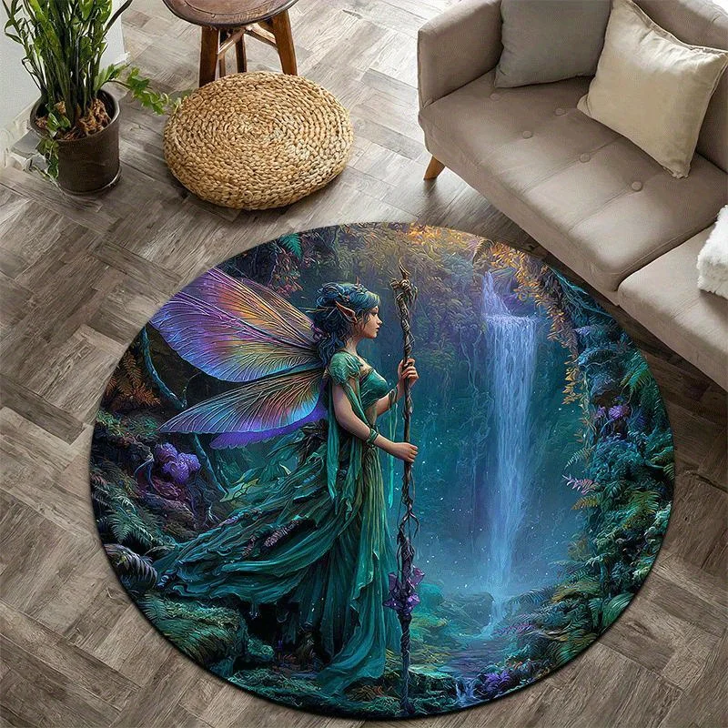 Fantasy forest elves Flannel-printed round floor mats are slip-resistant Suitable for living room bedroom terrace garden carpets
