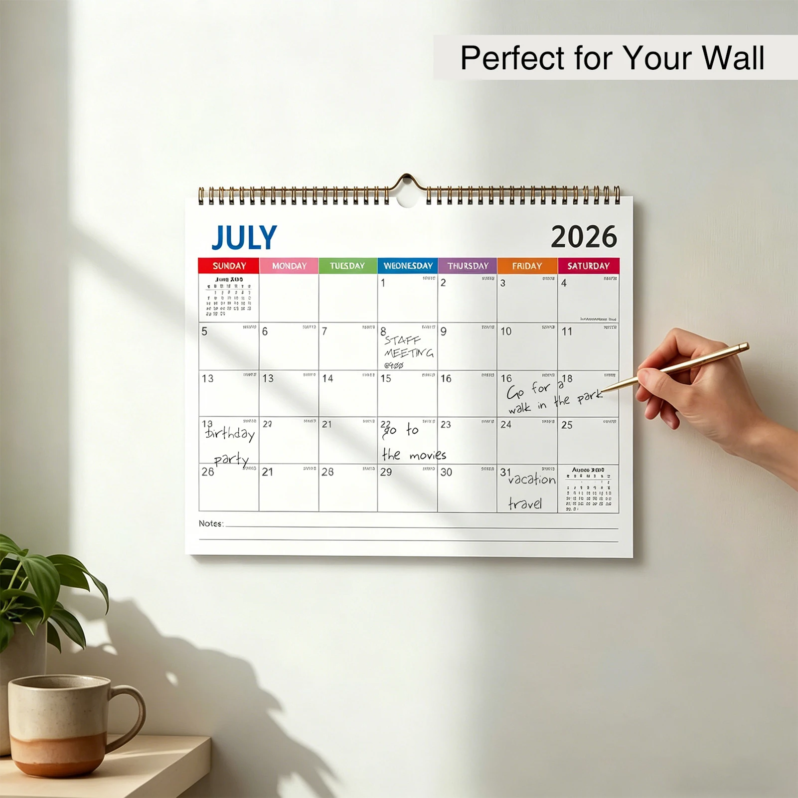 18 Month Wall Calendar Coated Paper for Multinational Office 2026-2027 English Planner Large Daily Blocks Twin Wire Binding
