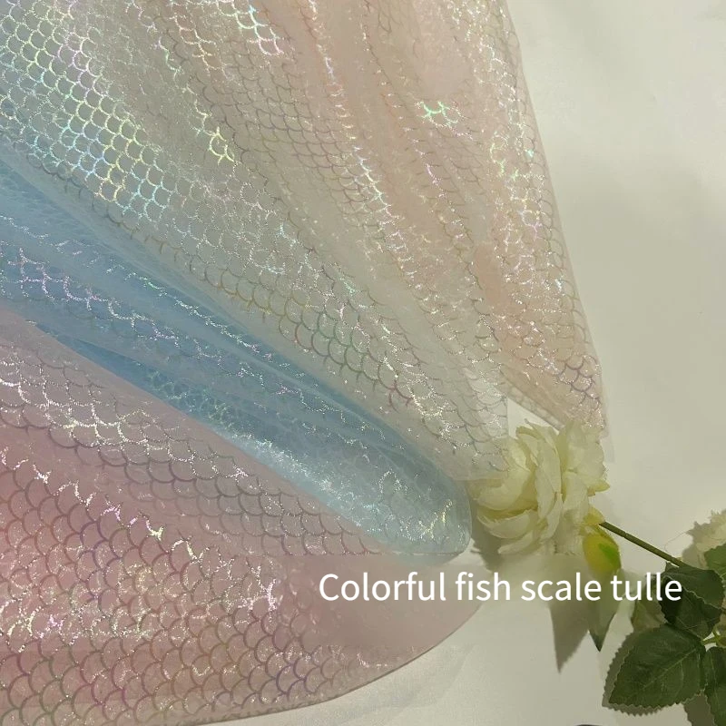 Bunter Fischschuppen-Tüllstoff nach Meter für bauschigen Rock, Hochzeitskleid, Bühnenkostüm, DIY-Nähen, weiches, hochdichtes Tuch, weiß