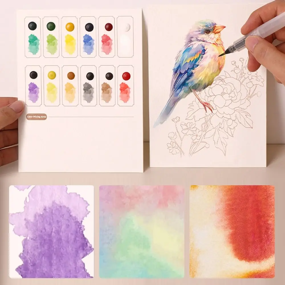 다색 수채화 그림책 중국 스타일 12색 고체 안료 그리기 책 동물 꽃 새 낙서 예술 책