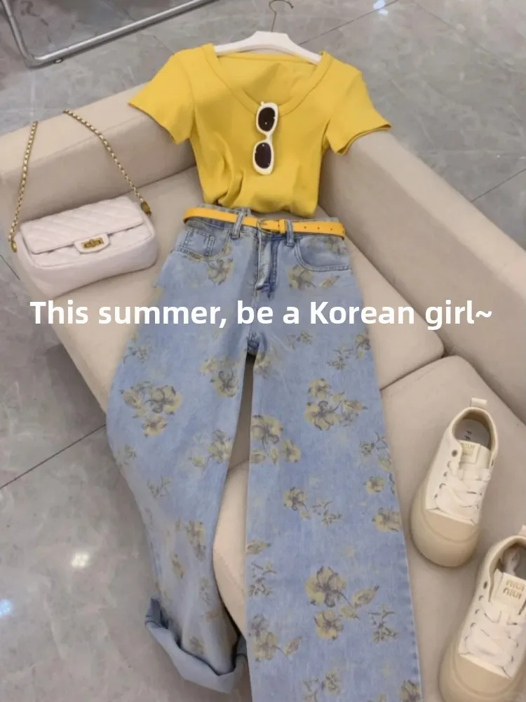 

Korean Sle Spicy Girl Set Women Pure Desire Yellow ort Sve T-irt Top High Waist Floral Wide Leg Jeans Two Piece Suit