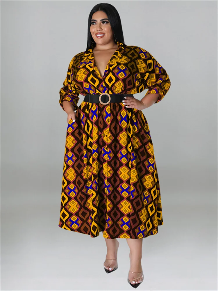 Wmstar Plus Size Dresses Women with Belt V Neck Print Maxi Dress Elegant Office Lady Fashion Streetwear Wholesale Dropshipping