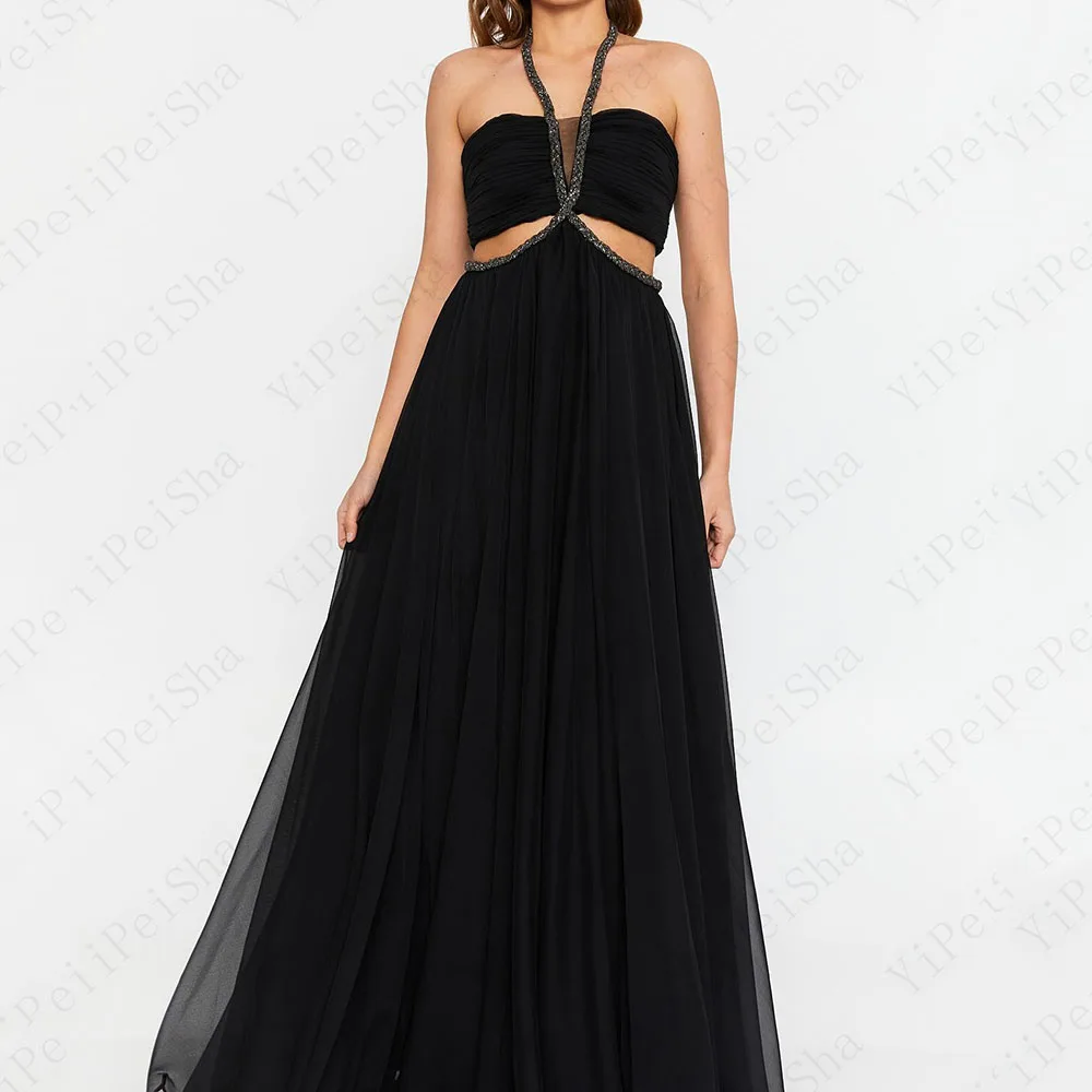 

Customized A-Line Prom Dresses Floor-Length V-Neck Sleeveless Evening Gown Fashion Sequined Simple Draped Backless Party Gown