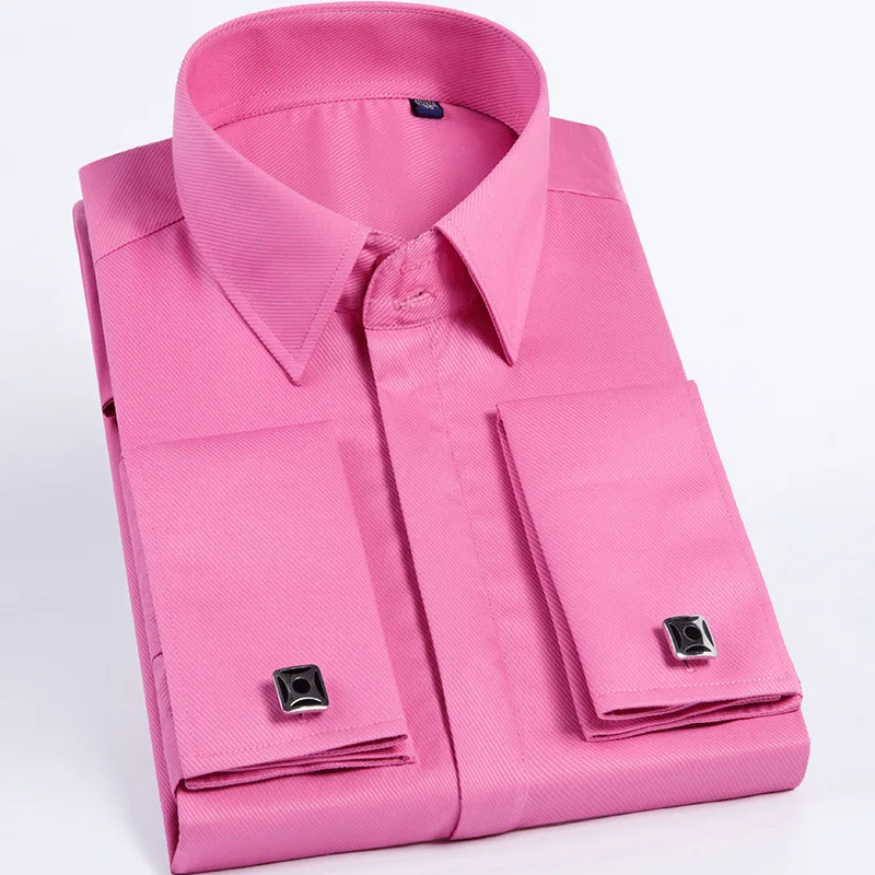French Cuff Business Shirt Men's Button Slim Fit Korean Version Long Sleeve Cotton Warm All Seasons Sharp Collar