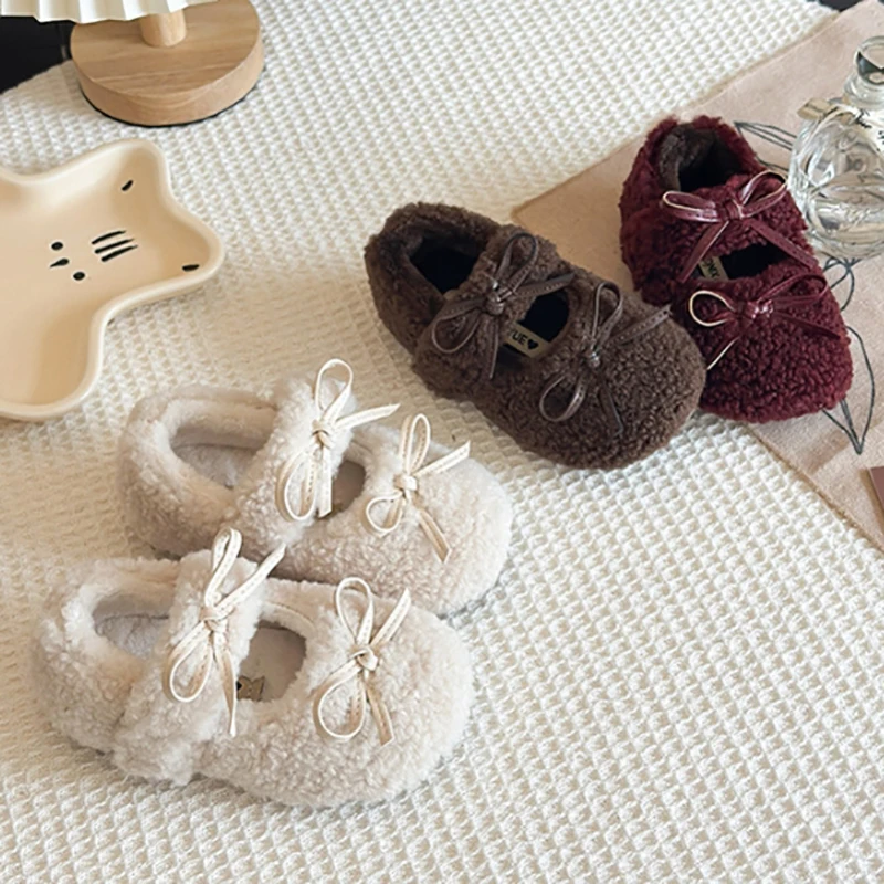 Girls Mary Jane Fashion Lambswool Plus Fluffy Shoes Winter New Soft-soled Princess Cotton Shoes.