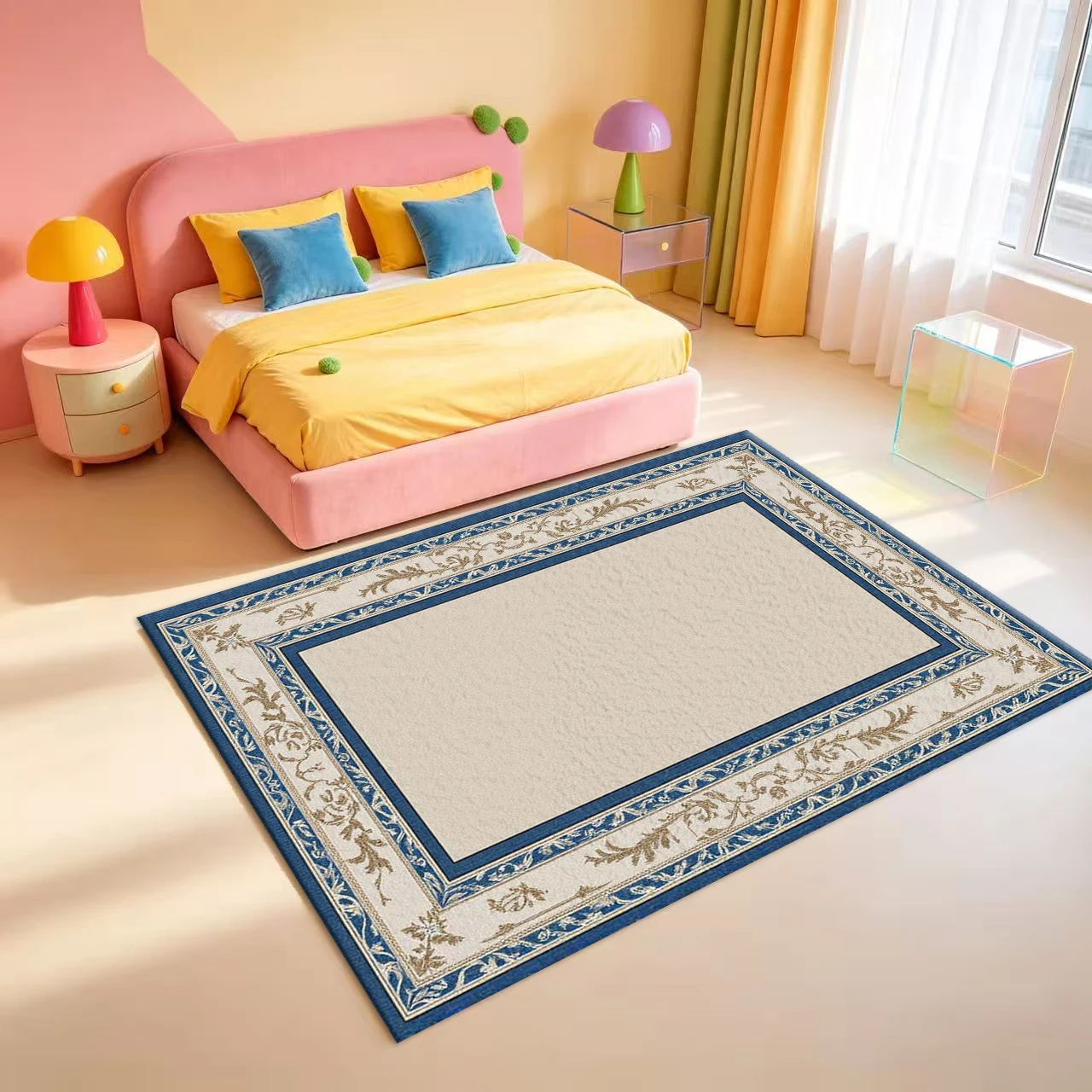 Blue and Beige Ornate Border Carpet with Vintage Floral Decoration for Home Living Room