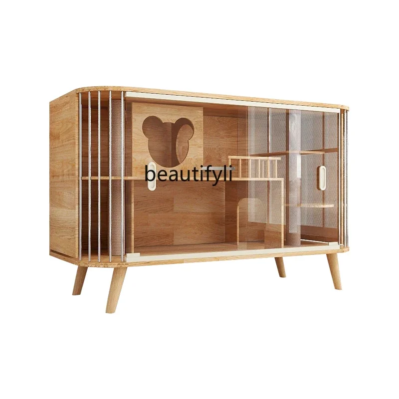 

Luxury Home Cat Cabinet Solid Wood Indoor Cat Villa Pet Shared TV Cabinet Double-Layer Display Cabinet