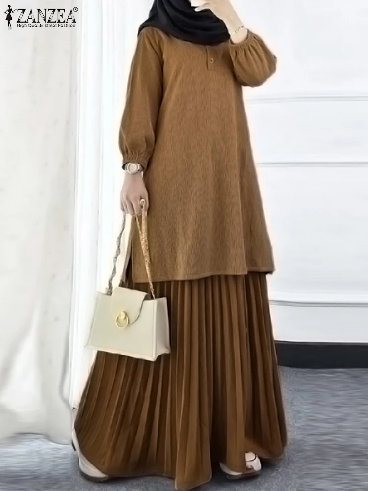 ZANZEA الخريف مسلم قطعتين مجموعات ملابس النساء عادية كم طويل بلوزات طويلة أطقم فساتين عباية دعوى دبي الحجاب رياضية 2025 #1