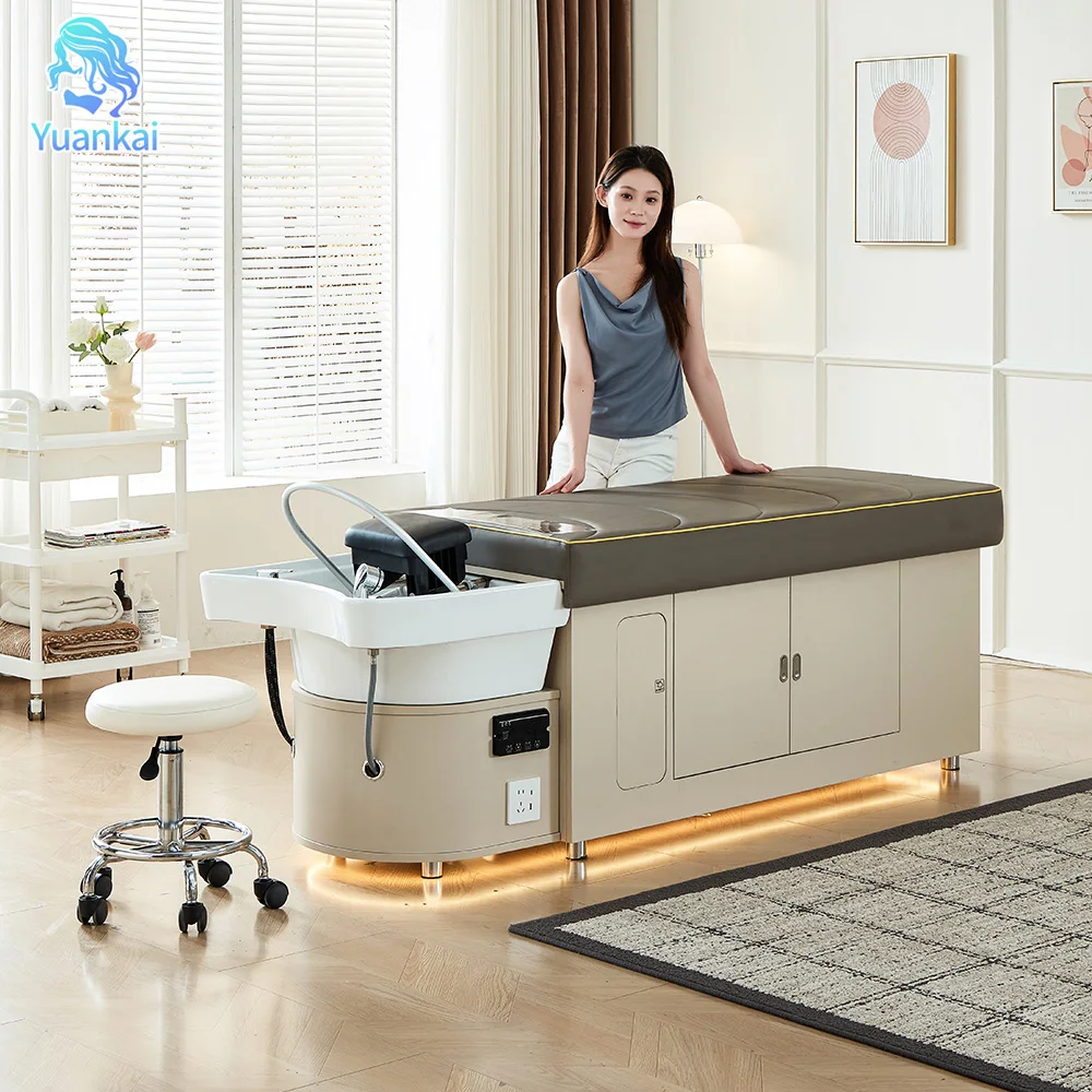 

New Luxury Modern Beauty Salon Hair Washing Massage Table Ceramic Bowl Storage Cabinet Head Shampoo Spa Bed With Lights