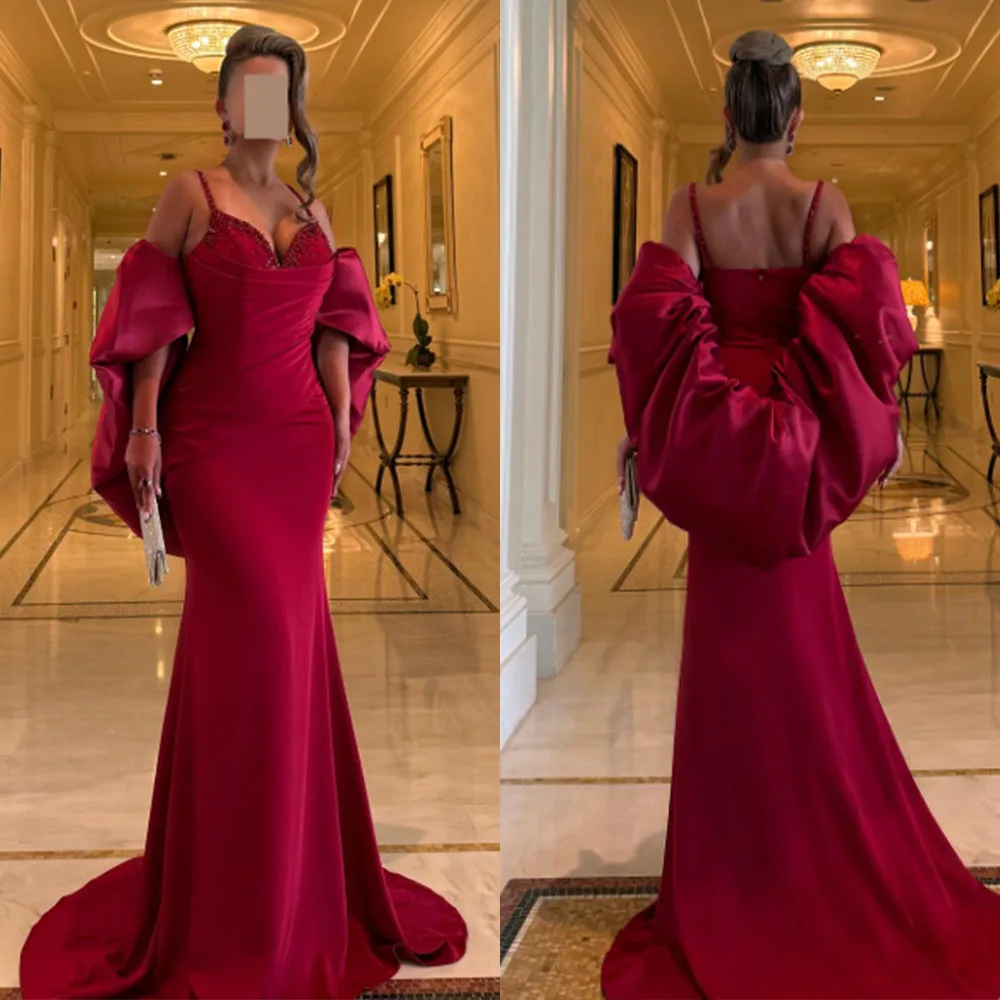 

High Quailty Customized Sleeveless Thin Suspenders Red Wedding Party Women Dresses Floor Length Wrinkle Court Train Backless