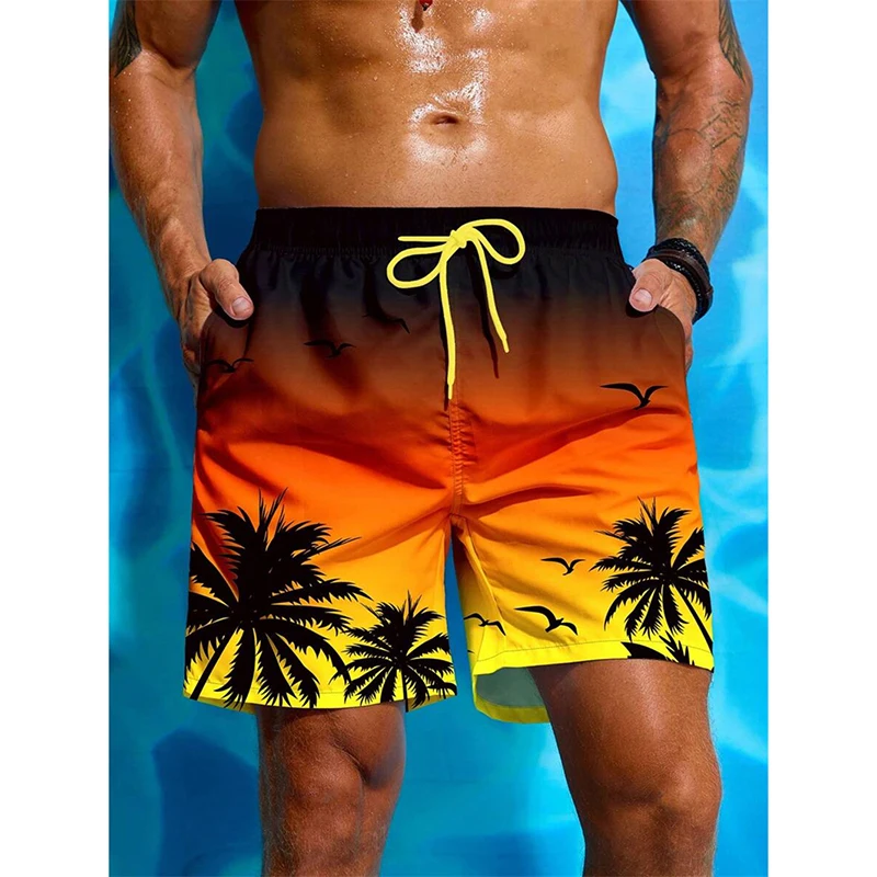 Hawaii Vacations Gradient Print Board Shorts Men Clothes Drawstring Funny Tree Beach Shorts 2025 Summer Fashion Trend Swim Trunk