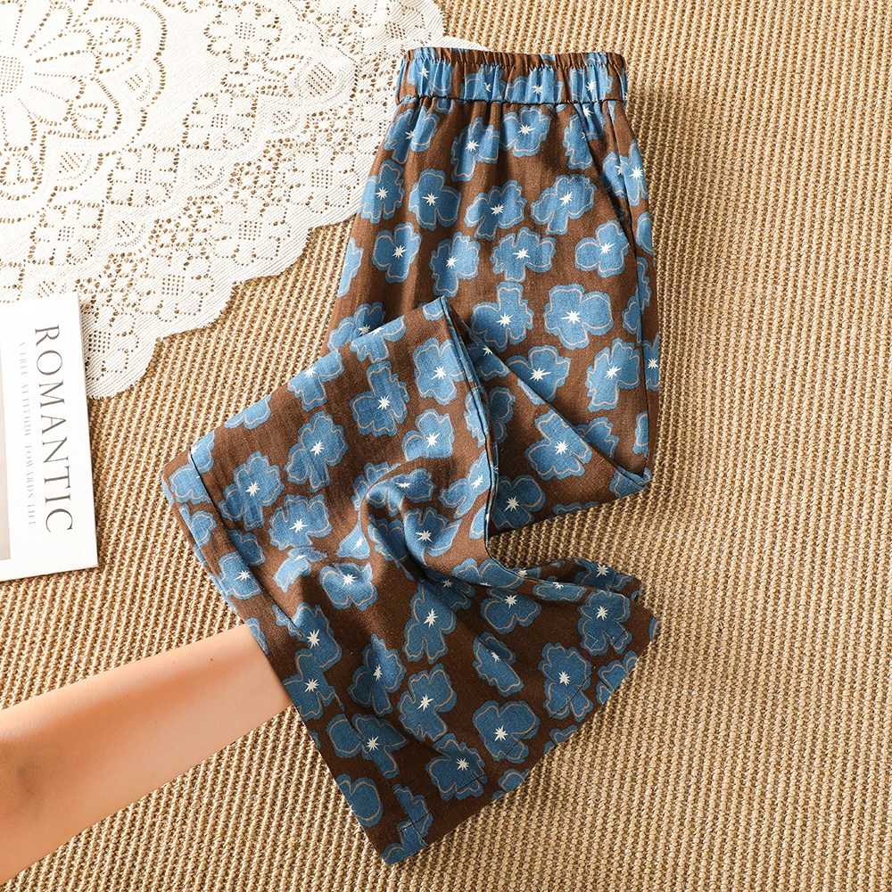 Blue Flower Cotton Linen Pants Casual Style Women's Long Trousers High Waist Digital Printing Wide Leg Pants Spring Autumn