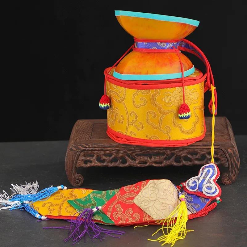 12CM Nepalese Hand Drums With Bag Tibetan Handmade Sheepskin Tambourines Imitation Amber Drum Percussion Musical Instruments
