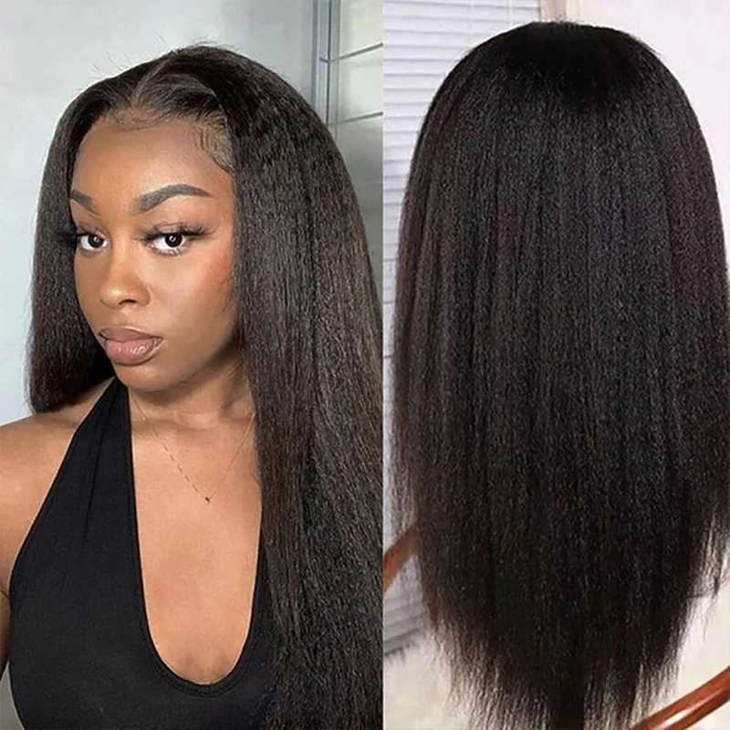 باروكة صناعية بدانتيل أمامي شفاف 13X4، ياكي كينكي مستقيم أسود طبيعي للنساء، ملابس تنكرية يومية