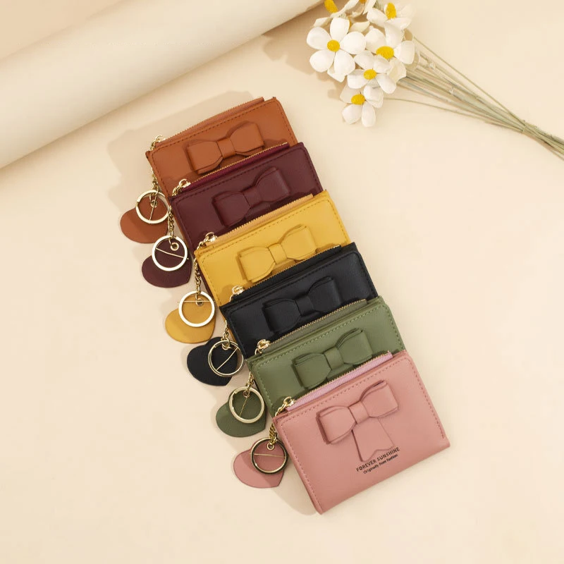 LAYRUSSI Cute Bow Short Wallet Girl Student Solid Color Card Holder Kawaii Leather Wallet Women Coin Purses Carteras Para Mujer