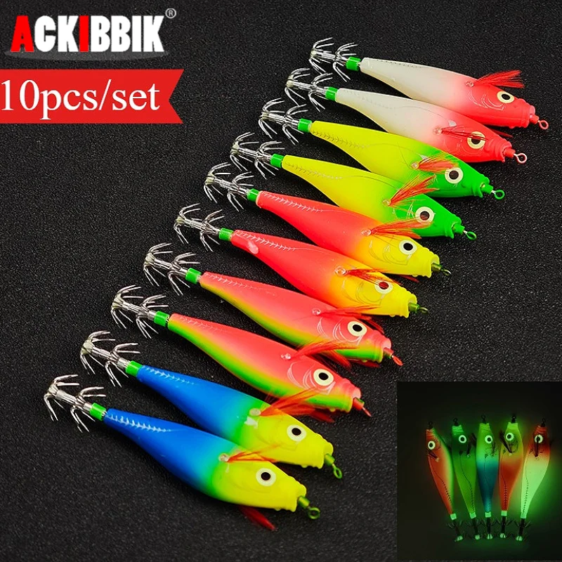10 pz/set 10 cm/10g Luminoso Calamari Maschere Richiamo Acqua Salata Gamberetti Gancio Esche Da Pesca Luminoso Calamari Jig Hook