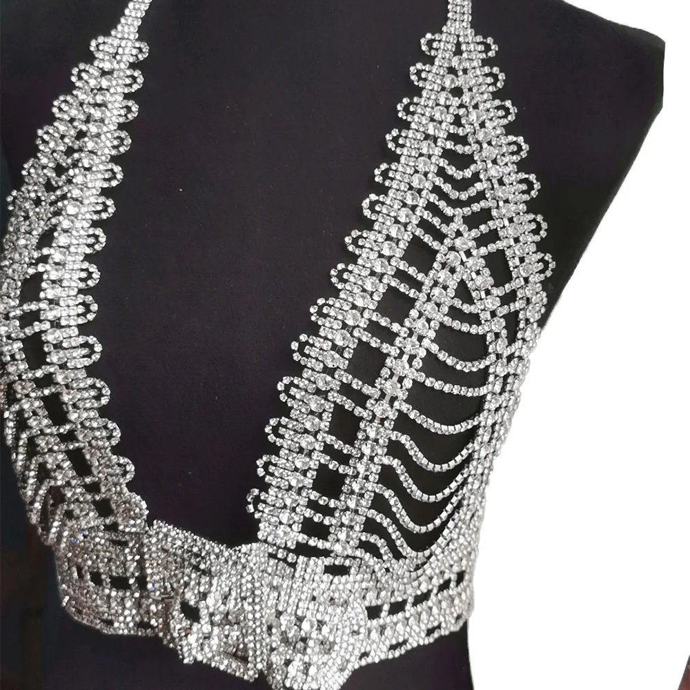 Sexy Deep V Neck Rhinestone Tops for Women Fashion Show Crystal Body Chain Jewelry Belts