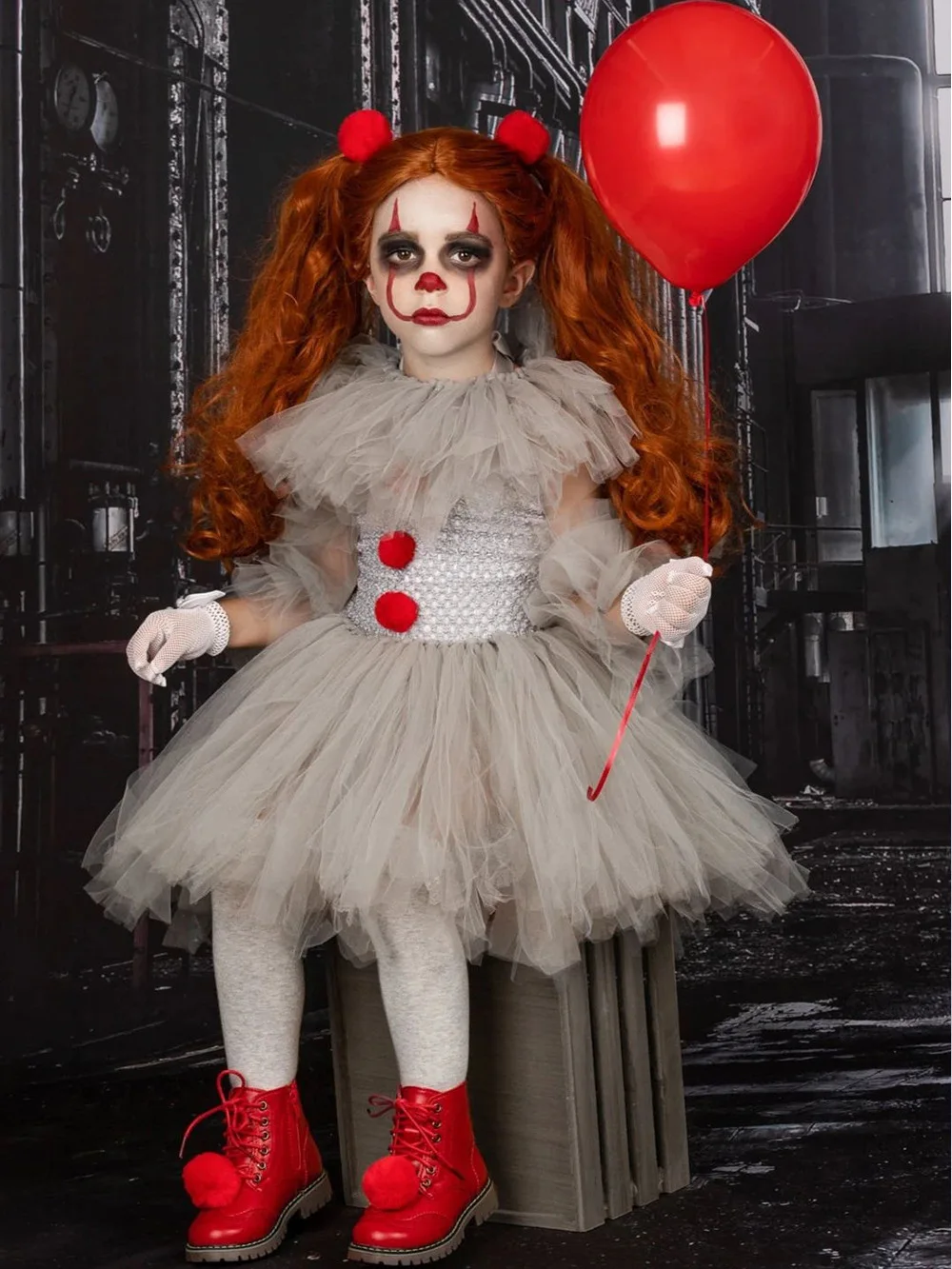 Halloween Girls Pennywise Tutu Dress Kids Scary Gray Clown Cosplay Costume Girl Performance Dress Up Masquerade Party Clothing