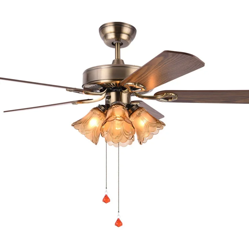 American frequency conversion living room fan light, iron leaf retro dining room 52 inch ceiling fan light, pull rope