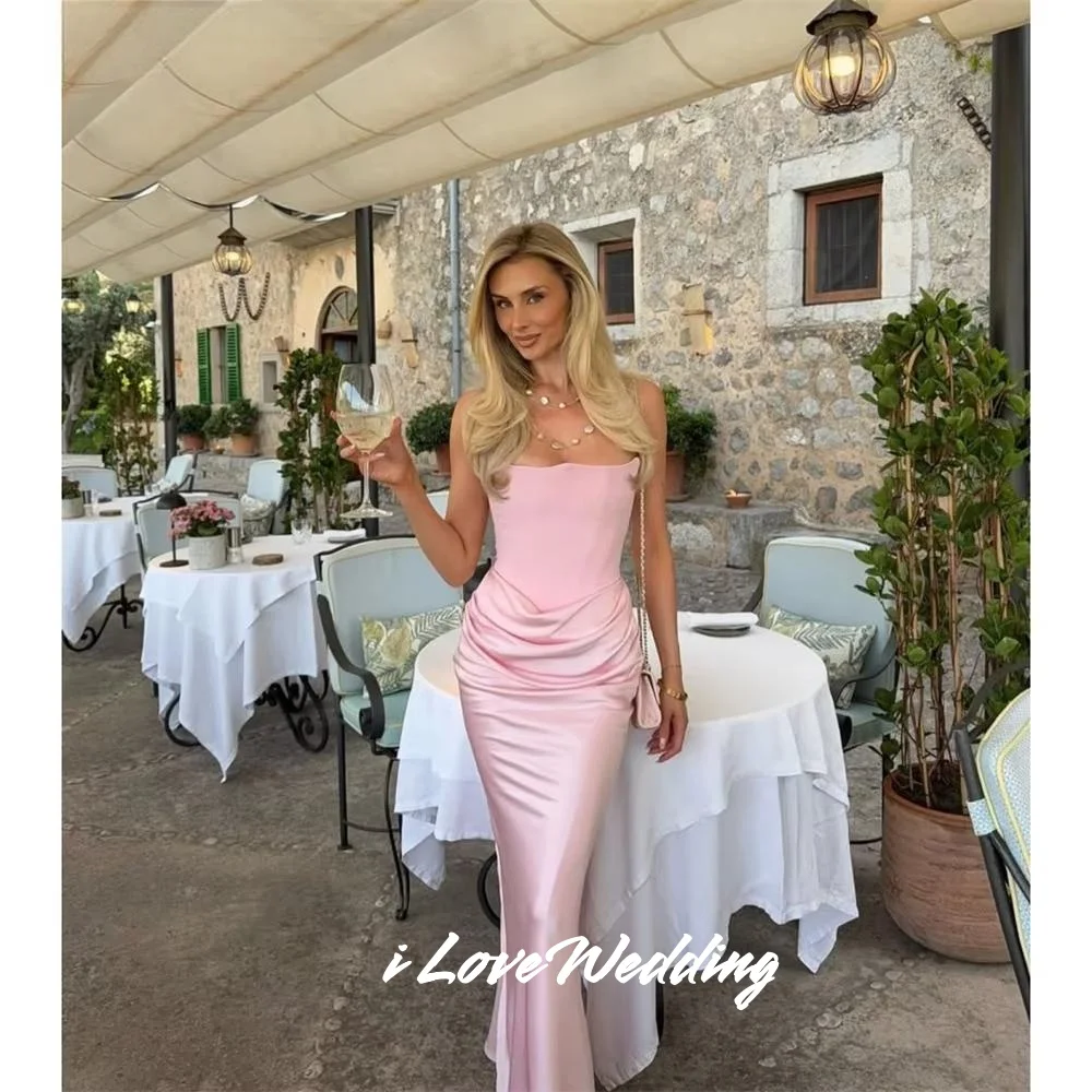 Pink Strapless Evening Dresses 2025 Sleeveless Mermaid Backless Floor-Length Prom Dress Pleated Wedding Party Dress Customized