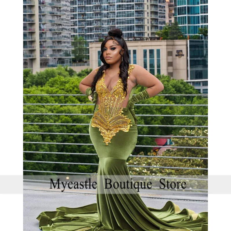 カスタマイズされたキラキラグリーンのプロムドレス 2026 黒人女の子用 ゴールドダイヤモンドビーズクリスタルスパンコール誕生日パーティードレス 0