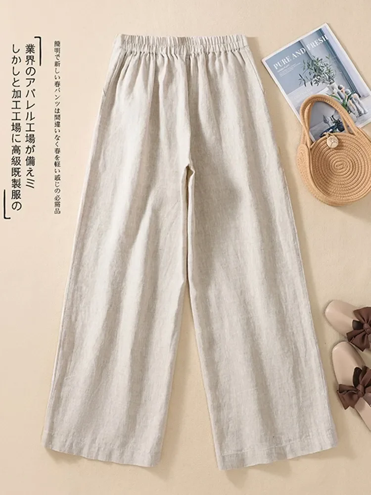 Women Casual Wide Leg Pants New Arrival 2024 Summer Vintage Style Solid Color Straight Loose Female Cotton Linen Trousers