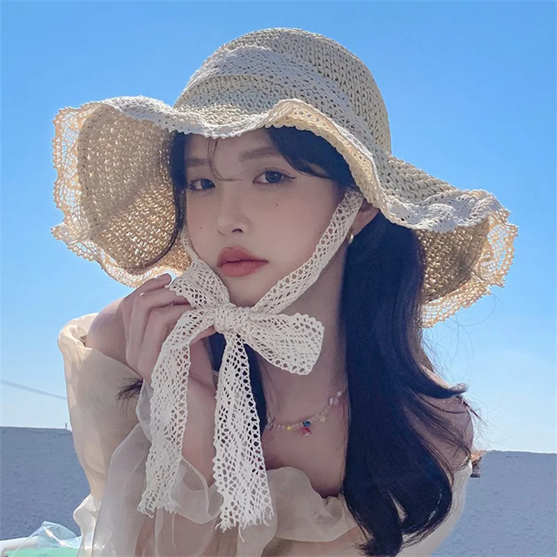 

Womens Summer Straw Hat Foldable Sun Hat Wide Large Brim Beach Hats Fashion Holiday Straw Hat Beach UV Protection Cap