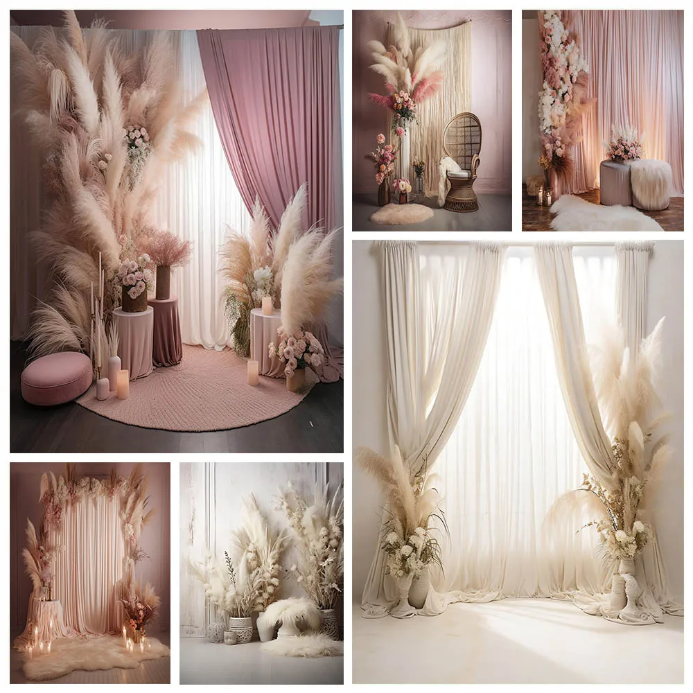 

Mehofond Boho Baby Shower Pregnant Backdrop Pampas Grass Pink Curtain Backgrounds Photography Cake Table Portrait Photo Studio